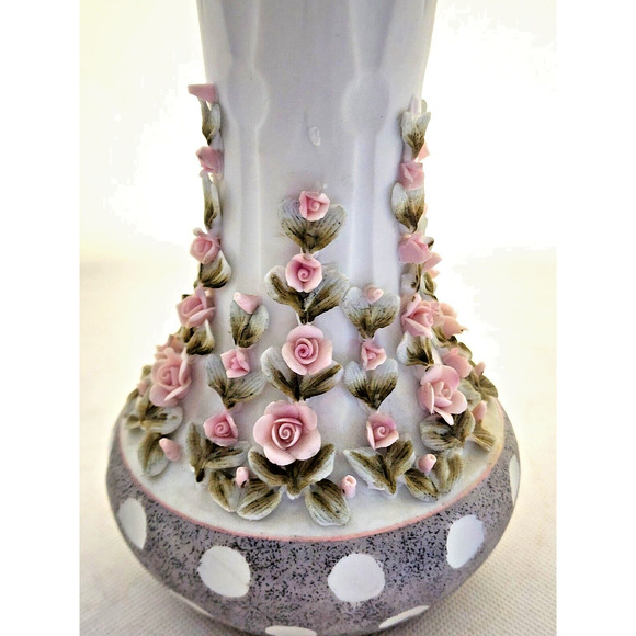 VASE/SHELF DECOR-C. Sadek 6186-Unglazed Porcelain-Molded Flowers-Pink-Gray-10" - Picture 5 of 11